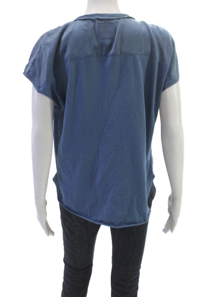 Go By GoSilk Womens Silk Blouse Short Sleeve Round Neck Blue Size XS