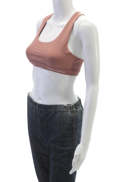 Spiritual Gangster Womens Strappy Back Scoop Neck Logo Sports Bra Brown Small