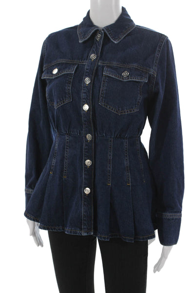 Aligne Womens Peplum Jacket Blue Cotton Button Long Sleeve Size 4