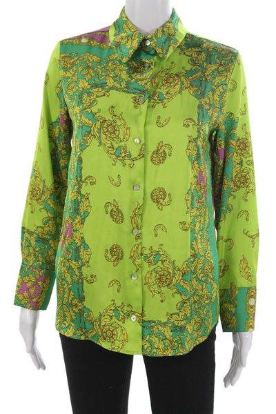 MNG Womens Floral Collared Button-Up Blouse Green Long Sleeve Size 0