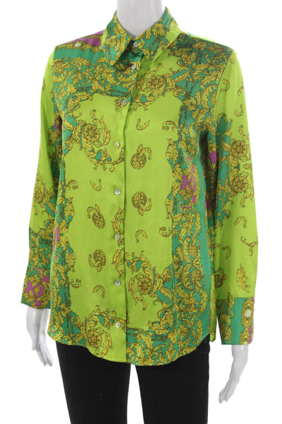 MNG Womens Floral Collared Button-Up Blouse Green Long Sleeve Size 0