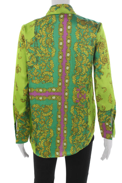 MNG Womens Floral Collared Button-Up Blouse Green Long Sleeve Size 0