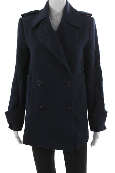 Mango Womens Pea Coat Blue Wool Button Long Sleeve Size S
