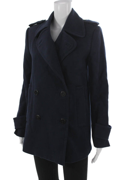 Mango Womens Pea Coat Blue Wool Button Long Sleeve Size S