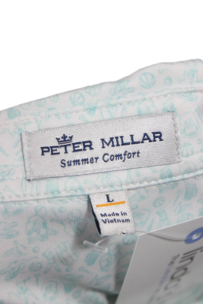 Peter Millar Mens Short Sleeve Collared Sports Print Polo Shirt White Blue Large