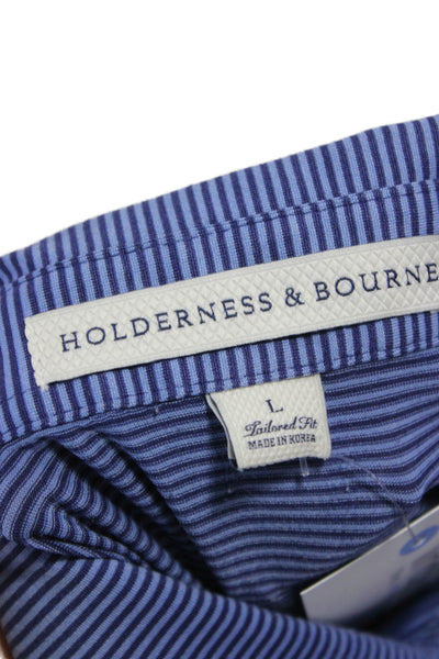 Holderness & Bourne Mens Short Sleeve Collared Striped Polo Shirt Blue Large