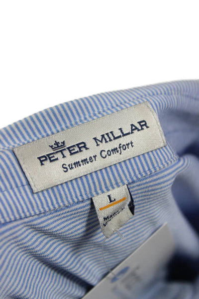 Peter Millar Mens Short Sleeve Collared Striped Knit Polo Shirt Blue White Large