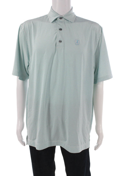 FootJoy Mens Short Sleeve Collared Striped Knit Polo Shirt Blue White Size Large