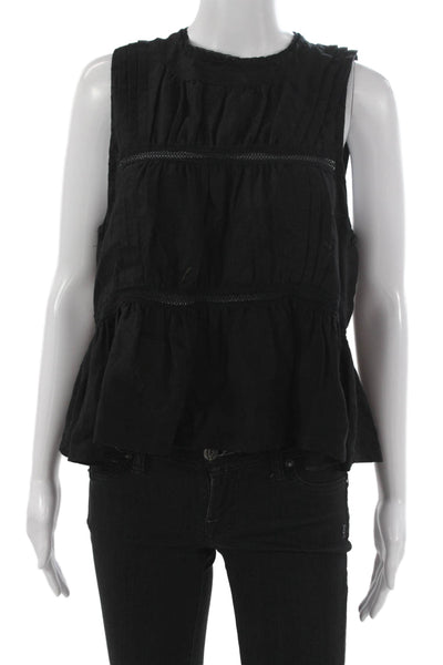 McGuire Womens Peplum Linen High Neck Sleeveless Black Blouse Size M