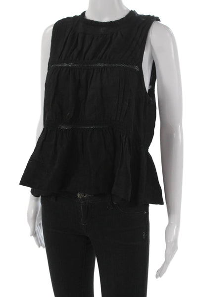 McGuire Womens Peplum Linen High Neck Sleeveless Black Blouse Size M