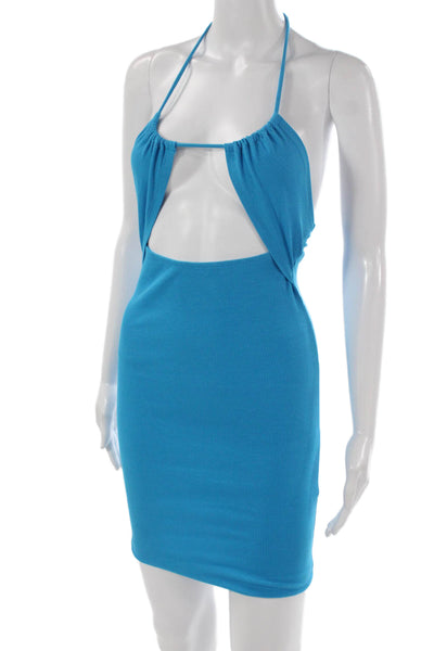 Zara Womens Bodycon Halter Sleeveless Cotton Short Blue Dress Size S