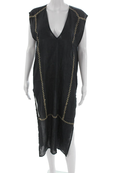 Vix Paula Hermanny Women Kaftan Cover Up Black Cotton V Neck Sleeveless Size XS