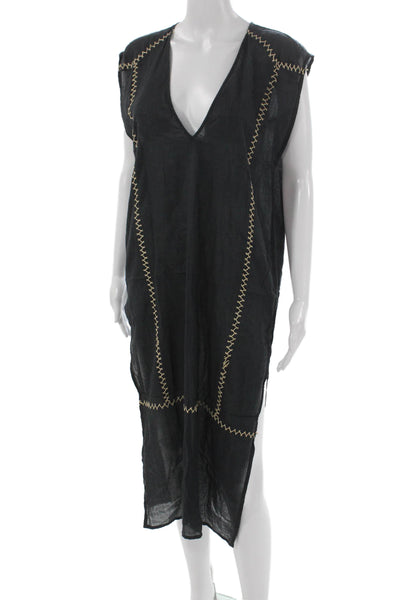 Vix Paula Hermanny Women Kaftan Cover Up Black Cotton V Neck Sleeveless Size XS