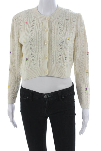 Zara Womens Cardigan Ivory Floral Round Neck Long Sleeve Size S
