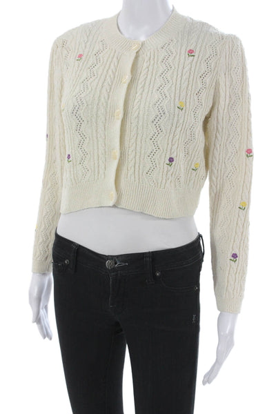 Zara Womens Cardigan Ivory Floral Round Neck Long Sleeve Size S