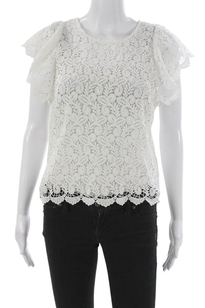 Endless Rose Womens White Floral Blouse Round Neck Short Sleeve Size XS