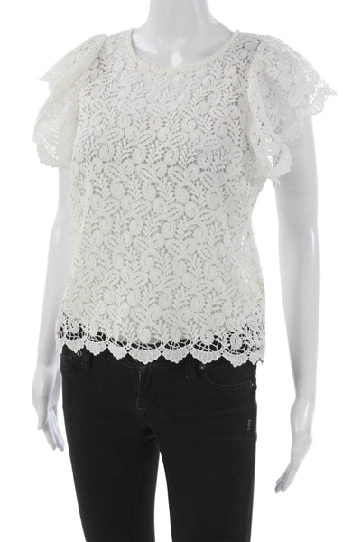Endless Rose Womens White Floral Blouse Round Neck Short Sleeve Size XS