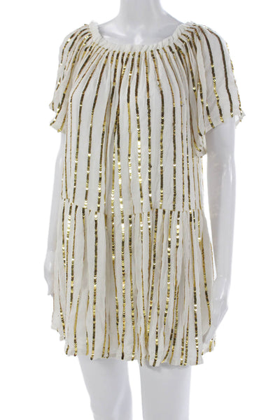 Sundress Women White Striped Boat Neck Short Sleeve Viscose Mini Size XS