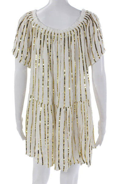 Sundress Women White Striped Boat Neck Short Sleeve Viscose Mini Size XS