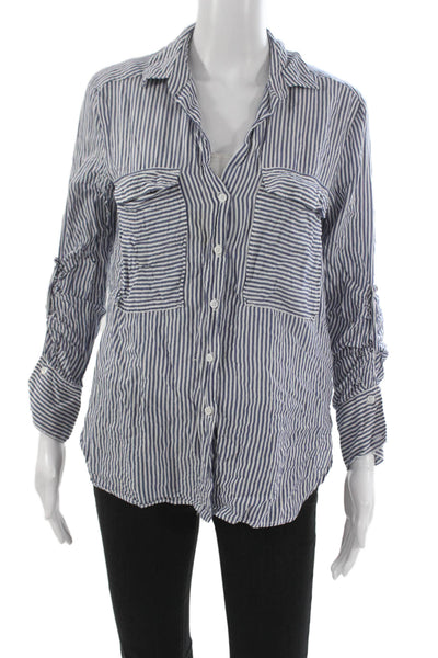 Zara Woman Women Striped Collared Viscose Button-Up Top Blue Long Sleeve Size S