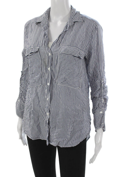 Zara Woman Women Striped Collared Viscose Button-Up Top Blue Long Sleeve Size S