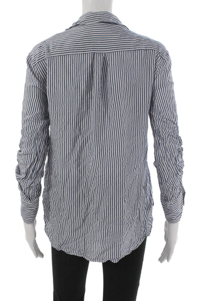 Zara Woman Women Striped Collared Viscose Button-Up Top Blue Long Sleeve Size S