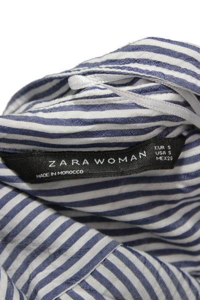 Zara Woman Women Striped Collared Viscose Button-Up Top Blue Long Sleeve Size S