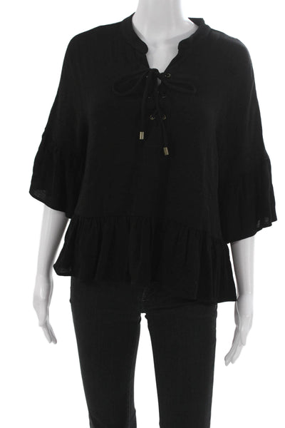 Maven West Womens Black Lace Up V-Neck Tunic Blouse 3/4 Sleeve Size M