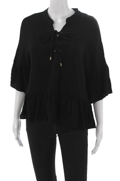 Maven West Womens Black Lace Up V-Neck Tunic Blouse 3/4 Sleeve Size M