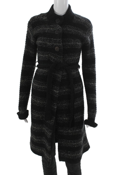 Theory Womens Striped Collared Wool Cardigan Long Sleeve Black Petite Size S