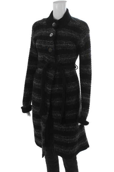 Theory Womens Striped Collared Wool Cardigan Long Sleeve Black Petite Size S