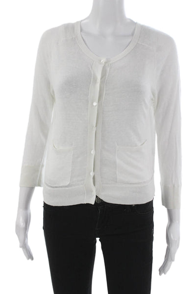 Club Monaco Women Cardigan White Linen Geometric 3/4 Sleeve Round Neck Size XS
