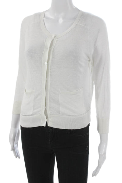 Club Monaco Women Cardigan White Linen Geometric 3/4 Sleeve Round Neck Size XS
