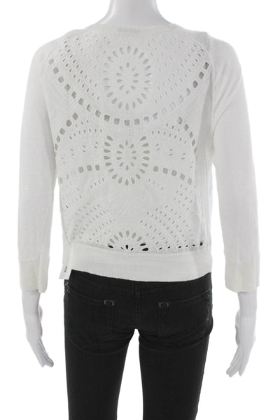 Club Monaco Women Cardigan White Linen Geometric 3/4 Sleeve Round Neck Size XS