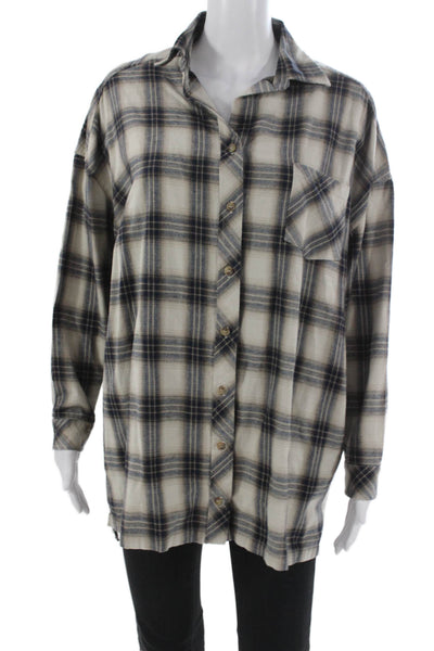 Lovers + Friends Womens Tunic Buttonup Beige Plaid Collared Longsleeve Size S