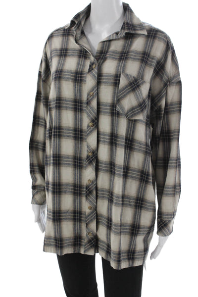 Lovers + Friends Womens Tunic Buttonup Beige Plaid Collared Longsleeve Size S