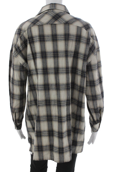 Lovers + Friends Womens Tunic Buttonup Beige Plaid Collared Longsleeve Size S