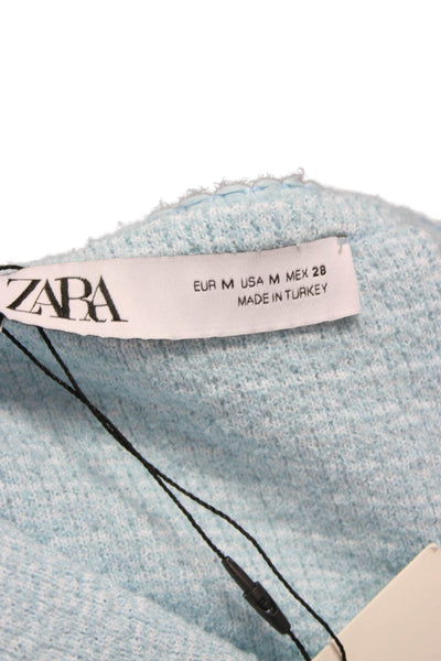 Zara Women Blouse Blue Check Round Neck Pullover 3/4 Sleeve Polyester Size M