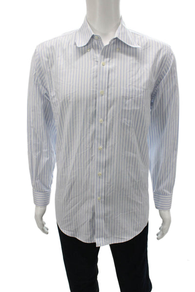 Brooks Brothers Mens Button Down Striped Blue Cotton Collared Shirt Size L