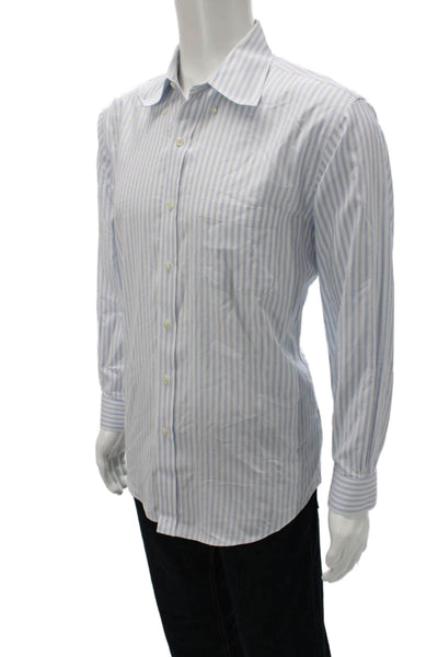 Brooks Brothers Mens Button Down Striped Blue Cotton Collared Shirt Size L