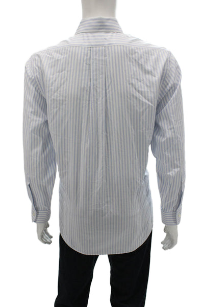 Brooks Brothers Mens Button Down Striped Blue Cotton Collared Shirt Size L
