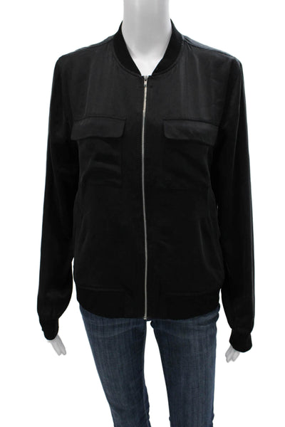 Equipment Femme Women Bomber Jacket Silk Black Long Sleeve Zip Petite Size S