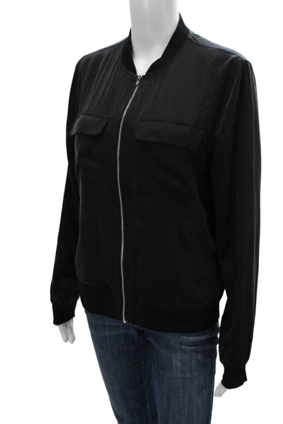 Equipment Femme Women Bomber Jacket Silk Black Long Sleeve Zip Petite Size S
