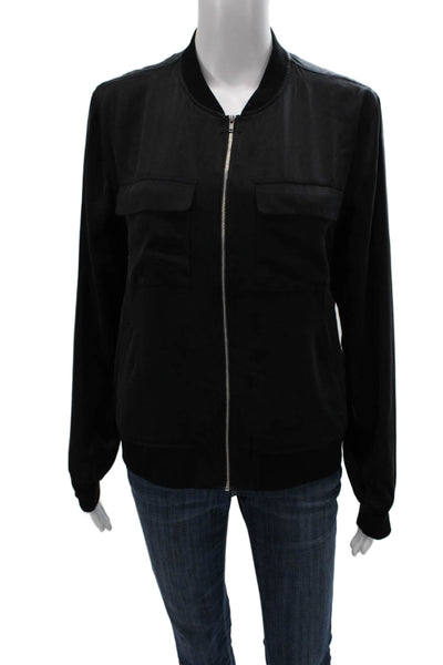 Equipment Femme Women Bomber Jacket Silk Black Long Sleeve Zip Petite Size S