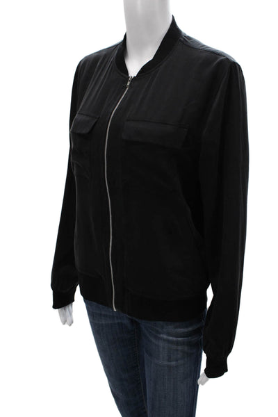 Equipment Femme Women Bomber Jacket Silk Black Long Sleeve Zip Petite Size S