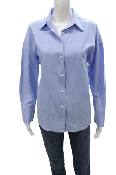 Zara Women Basic Collared Cotton Button-Up Blouse Blue Long Sleeve Size S