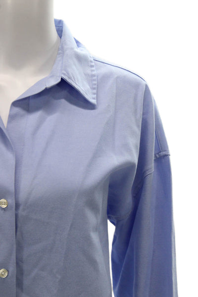 Zara Women Basic Collared Cotton Button-Up Blouse Blue Long Sleeve Size S