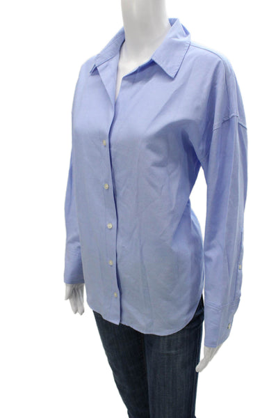 Zara Women Basic Collared Cotton Button-Up Blouse Blue Long Sleeve Size S