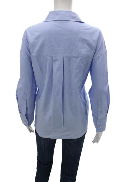 Zara Women Basic Collared Cotton Button-Up Blouse Blue Long Sleeve Size S