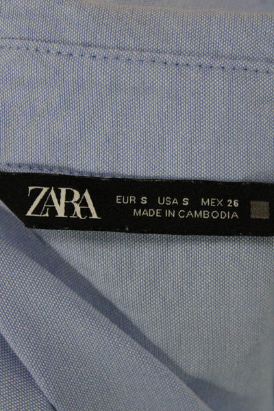 Zara Women Basic Collared Cotton Button-Up Blouse Blue Long Sleeve Size S